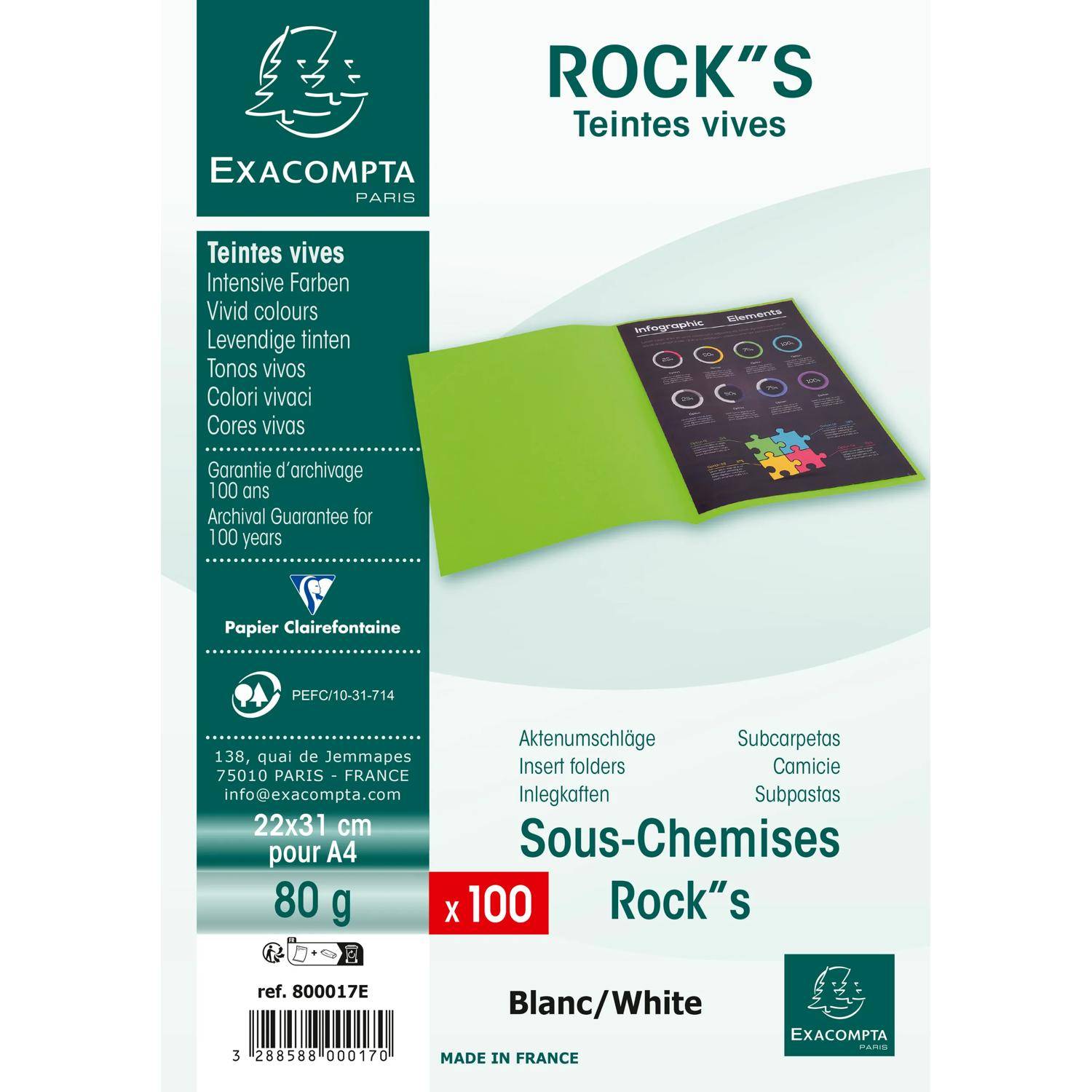 Exacompta Packung mit 100 Aktendeckeln ROCK''S 80, 22x31cm - Weiß - 800017E