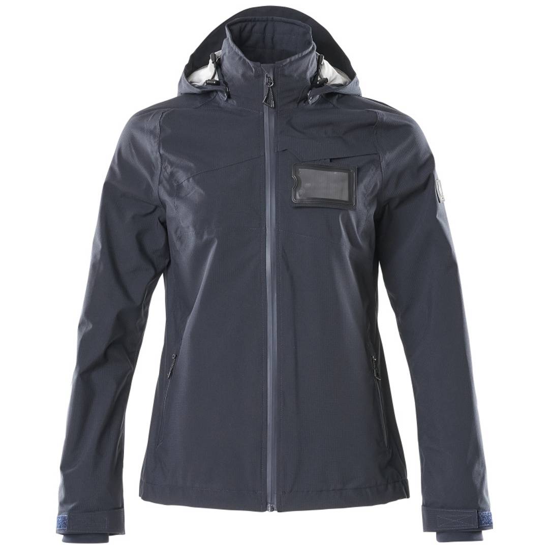 Dunkelgraue Kapuzenjacke mit Reißverschluss und Brusttasche, Vorderansicht auf weißem Hintergrund.