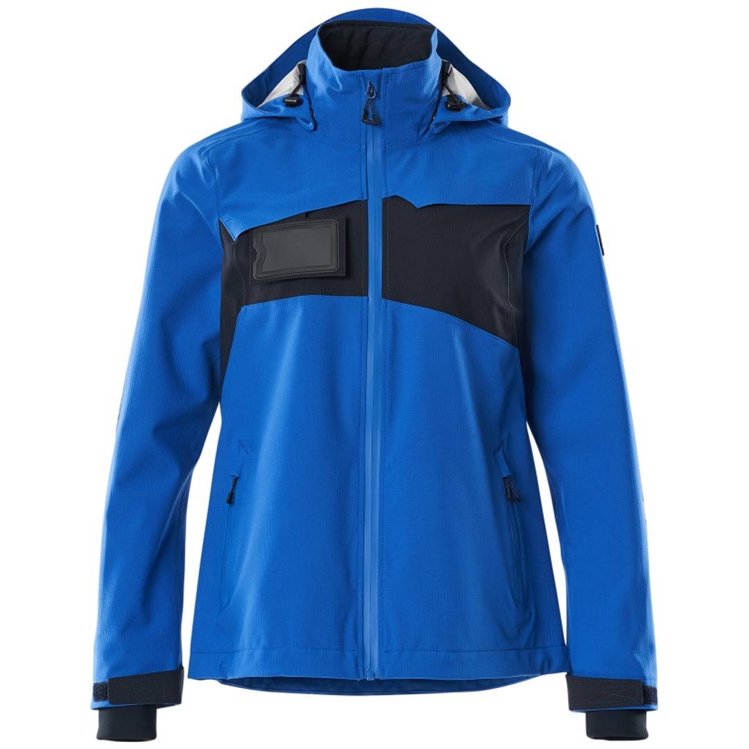 Blauer Hoodie-Reißverschluss-Jacke mit schwarzen Brustpaneelen und einer durchsichtigen Tasche auf der linken Brust, Vorderansicht auf weißem Hintergrund gezeigt.