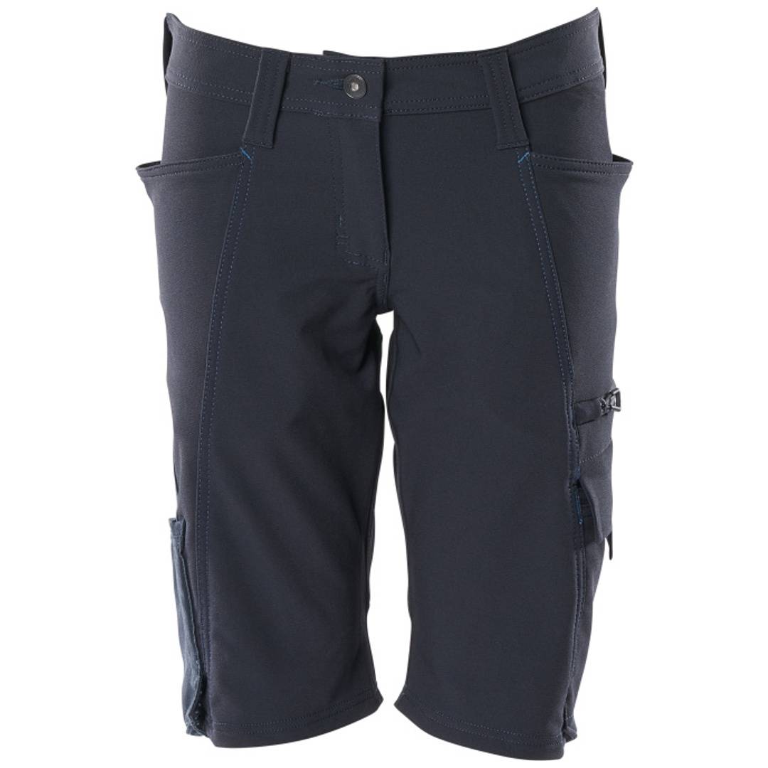 Dunkelmarineblaue Cargo-Shorts mit Seitentaschen und Knopfbund, Vorderansicht auf weißem Hintergrund.