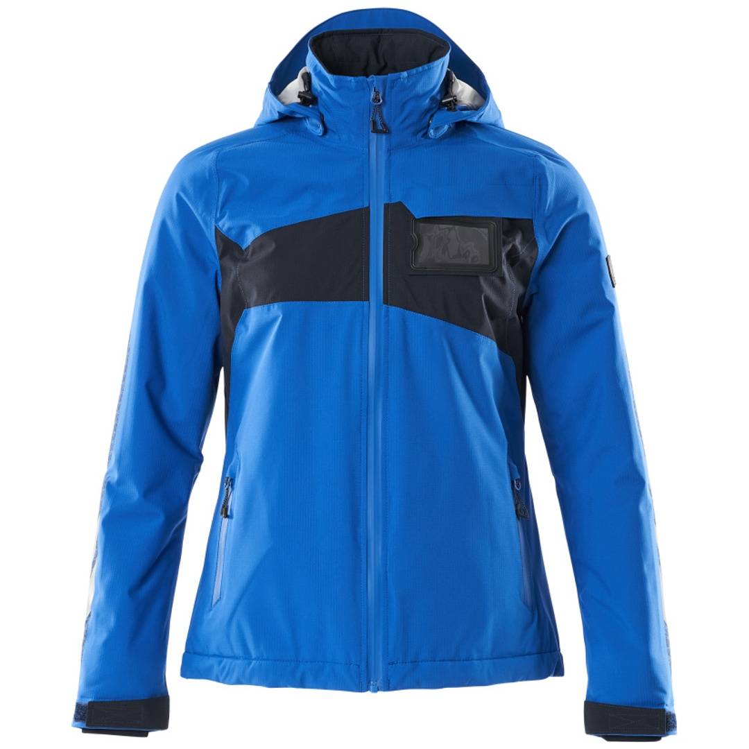 Blauer Reißverschluss-Kapuzenjacke mit schwarzen Brustpaneelen, Vorderansicht auf einfachem weißem Hintergrund.