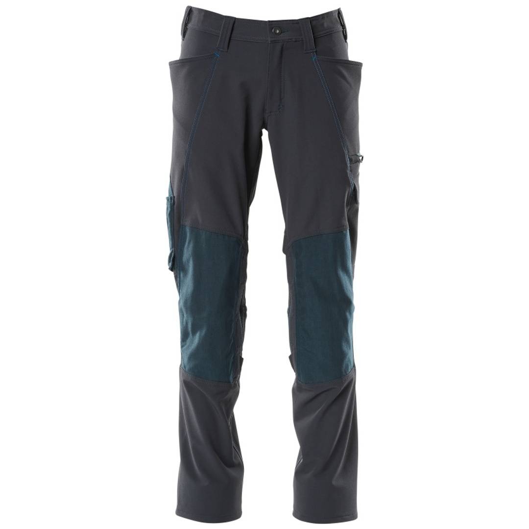 Dunkelgraue und blaugrüne Outdoor-Cargohosen mit verstärkten Knien und mehreren Taschen, Vorderansicht auf weißem Hintergrund.