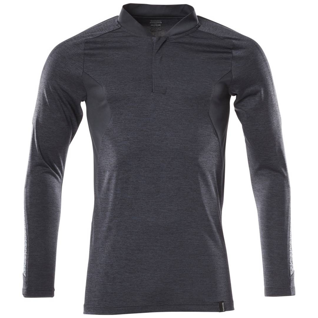 Dunkelgraues Langarm-Pullover-Shirt mit kurzem Stehkragen und Reißverschlussblende, Vorderansicht auf weißem Hintergrund.