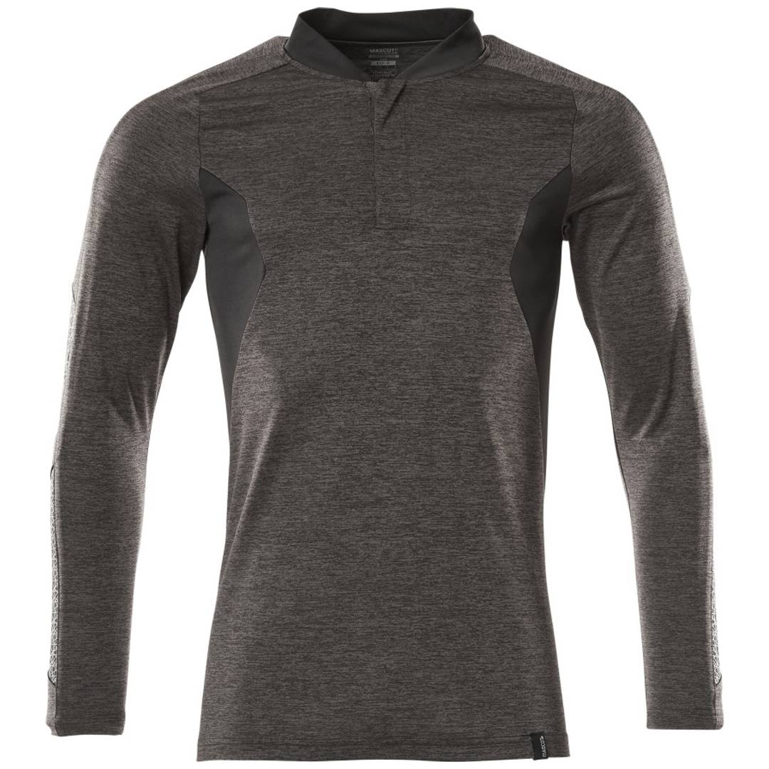Dunkelgraues Langarm-Athletik-Pullover-Shirt mit schwarzen Seitenpaneelen und Stehkragen, Vorderansicht auf weißem Hintergrund.