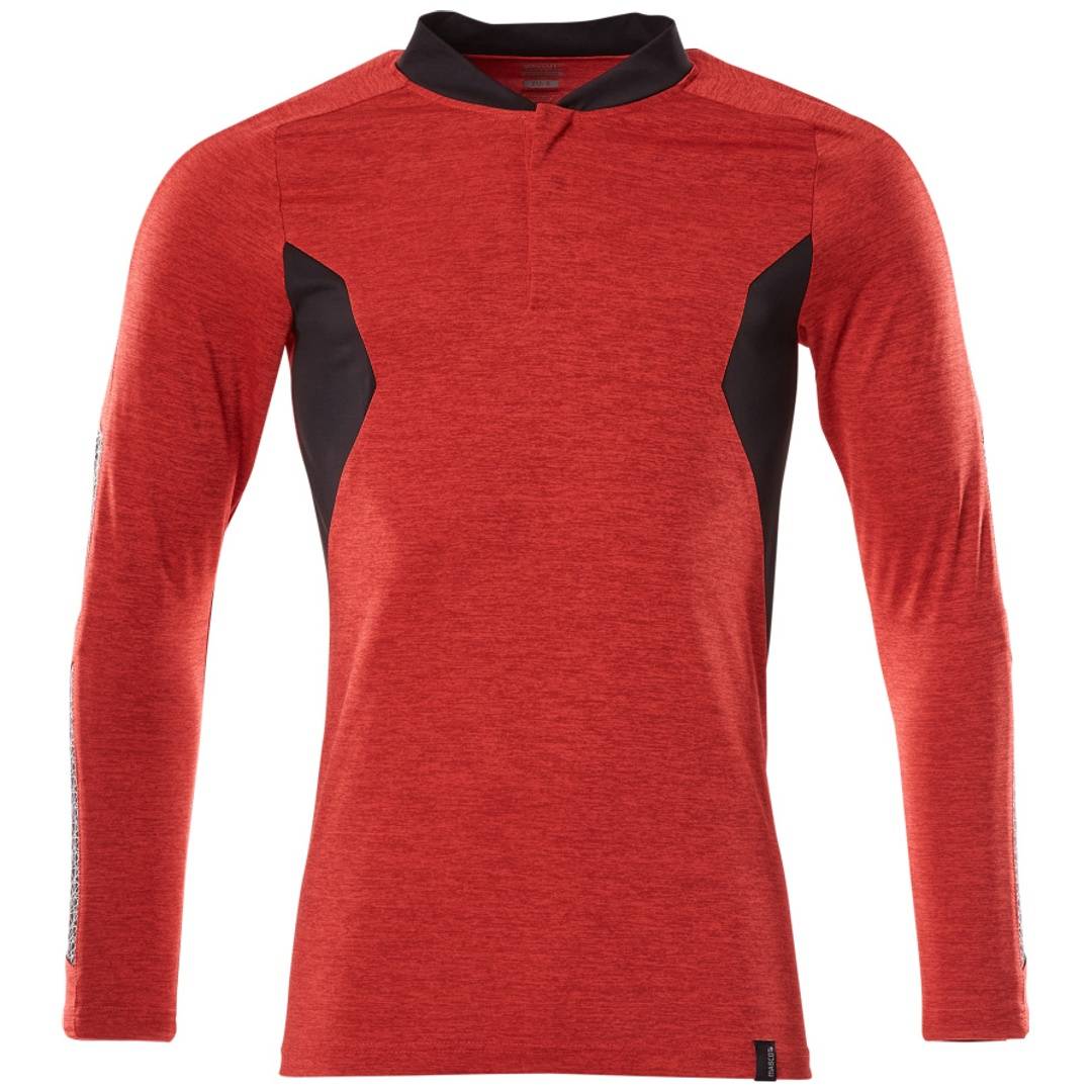 Rotes langärmeliges Athletik-Oberteil mit schwarzen Seitenpaneelen und schwarzem Kragen, Vorderansicht auf einfachem Hintergrund gezeigt.