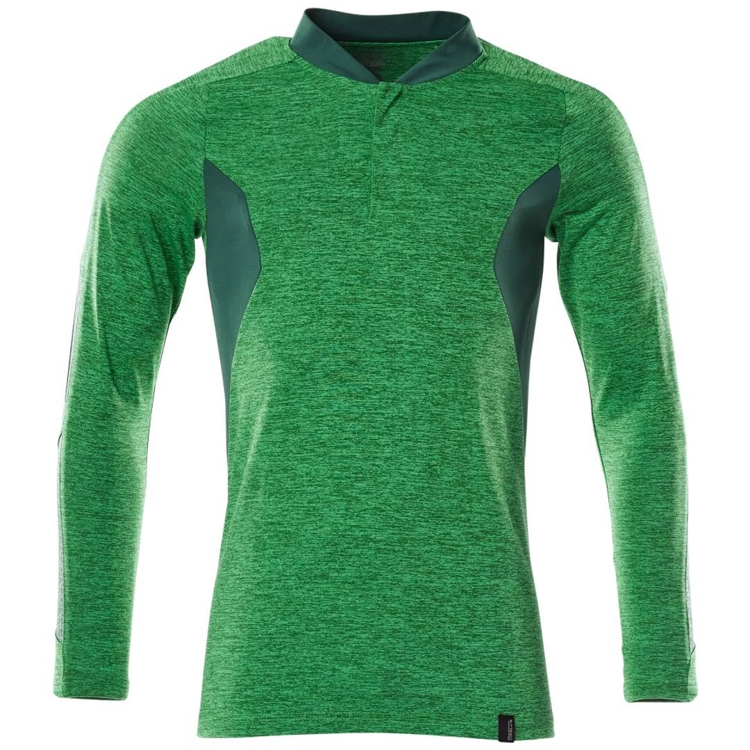 Grünes Langarm-Sportpullover-Hemd mit dunkelgrünem Kragen und Seitenpaneelen, Vorderansicht auf einfachem Hintergrund dargestellt.