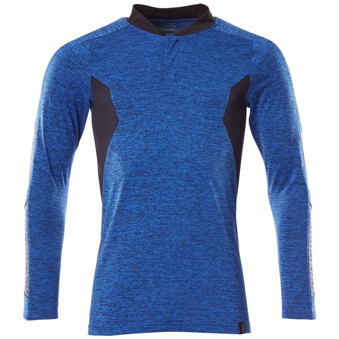 Blaues langärmeliges Athletic-Pullover-Shirt mit dunklen Seiteneinsätzen und kurzem Stehkragen, Vorderansicht auf weißem Hintergrund.