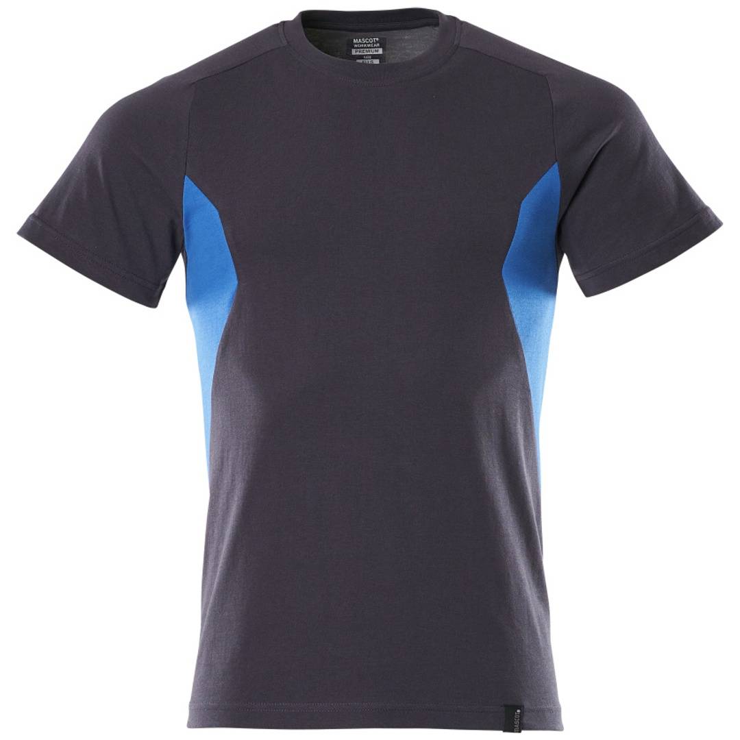 Dunkelgraues T-Shirt mit Kurzarm und blauen Seiteneinsätzen, Vorderansicht auf weißem Hintergrund dargestellt.