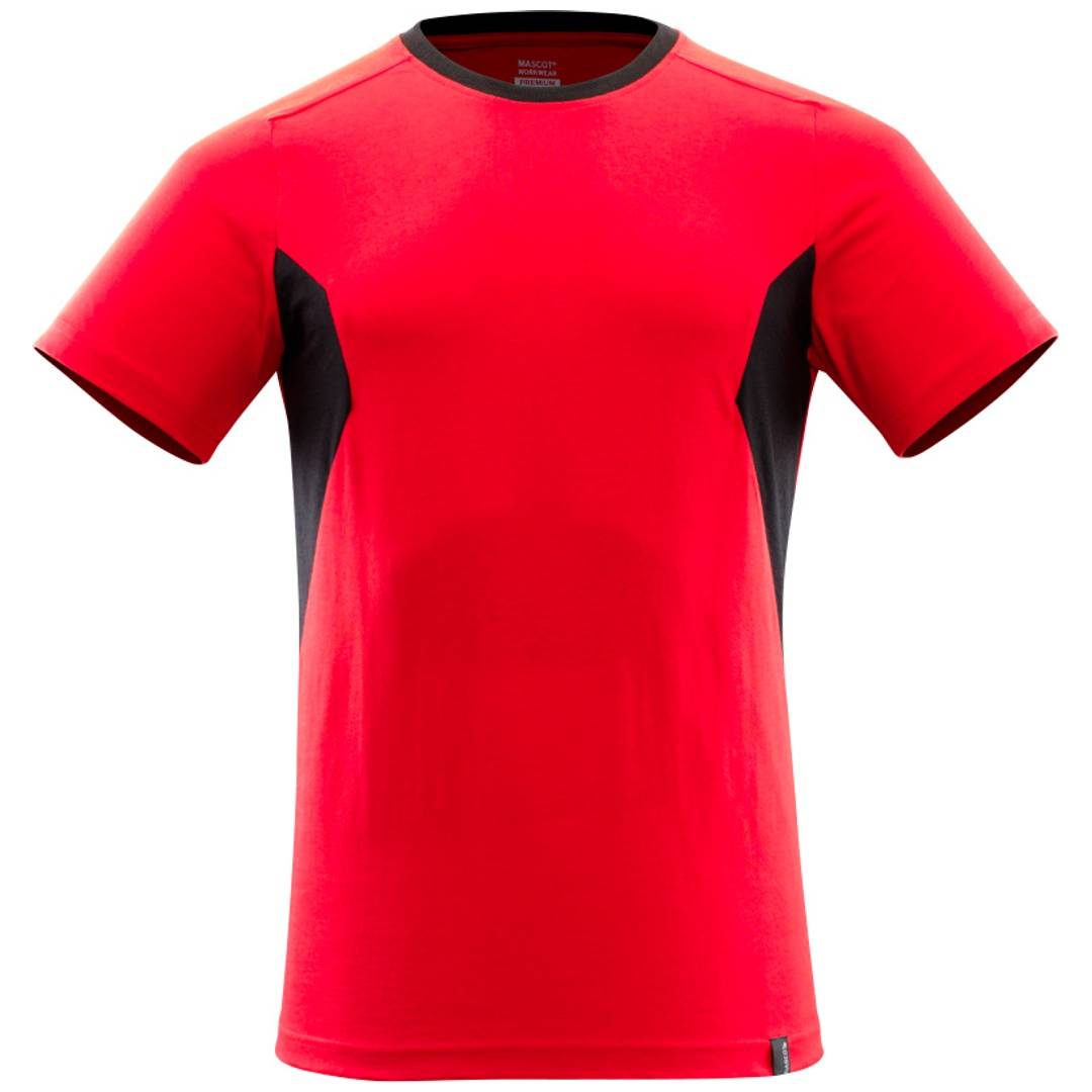 Rotes kurzärmeliges Athletic-T-Shirt mit schwarzen Seitenpaneelen, von vorne gezeigt auf weißem Hintergrund.