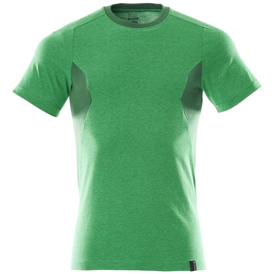 Grünes kurzärmeliges Athletic-T-Shirt mit dunkleren Seitenpaneelen, von vorne auf weißem Hintergrund gezeigt.