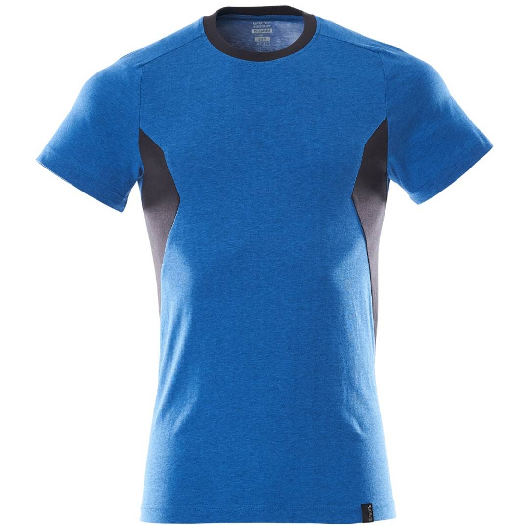 Blaues kurzärmeliges Athletik-T-Shirt mit schwarzen Seitenpaneelen, Vorderansicht auf einfachem weißem Hintergrund.