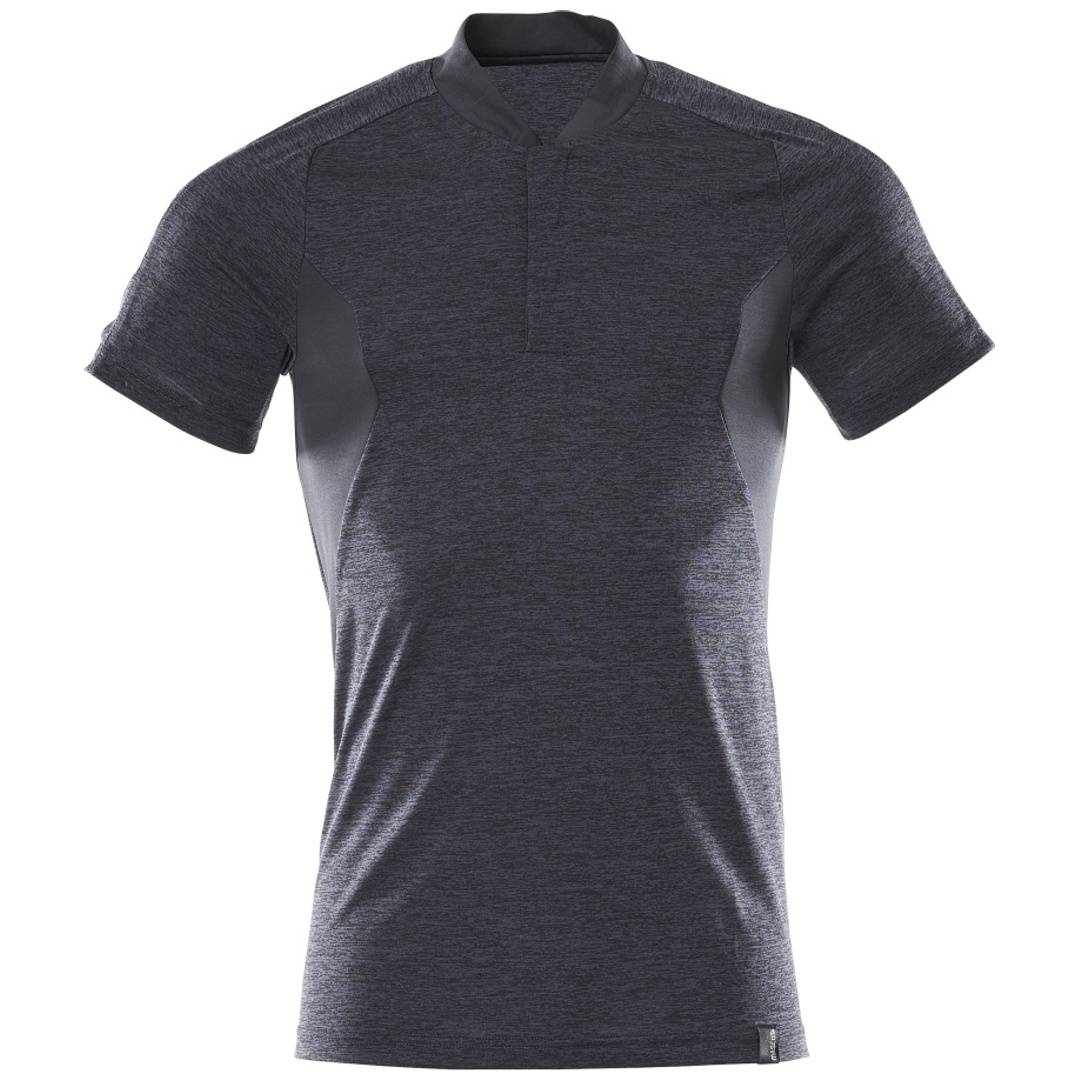 Dunkelgraues, kurzärmeliges Funktions-T-Shirt mit Mock-Neck und taillierten Seiteneinsätzen, von vorne auf weißem Hintergrund gezeigt.