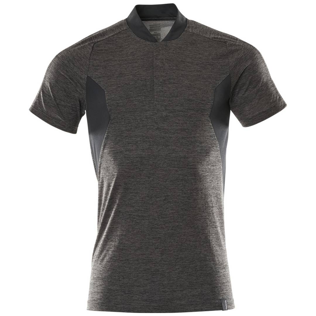 Dunkelgraues ärmelloses Sportshirt mit schwarzen Seitenpanelen und Stehkragen, von vorne auf weißem Hintergrund gezeigt.