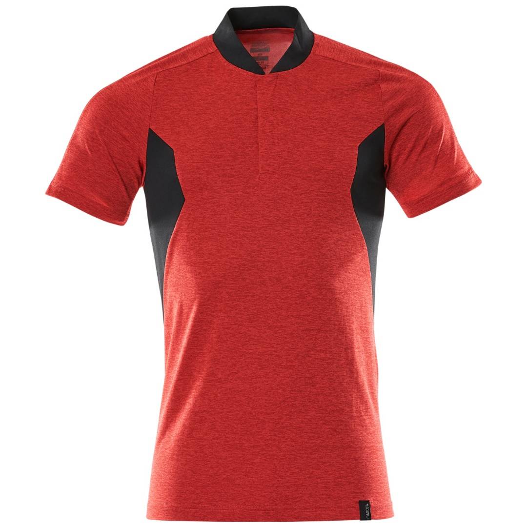 Rotes ärmelloses Poloshirt mit schwarzen Seitenpaneelen und Kragen, Vorderansicht auf neutralem weißem Hintergrund.
