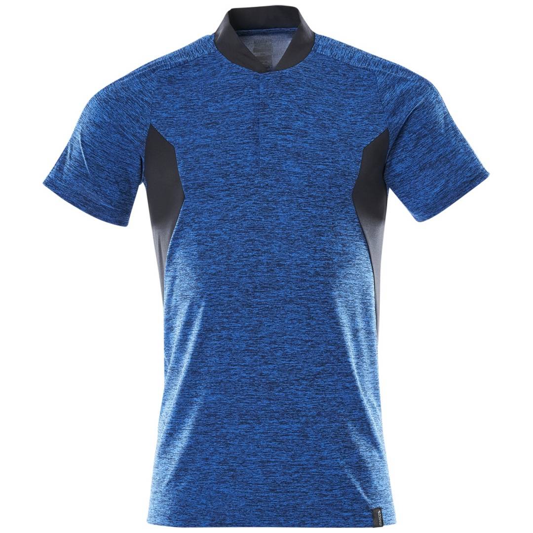 Blaues ärmelloses Funktions-T-Shirt mit schwarzen Seitenpaneelen und Kragen auf weißem Hintergrund.