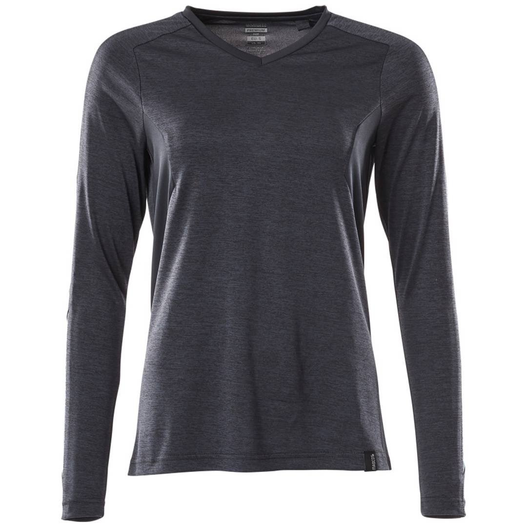 Dunkelgraues Langarm-T-Shirt mit V-Ausschnitt in Vorderansicht auf weißem Hintergrund.