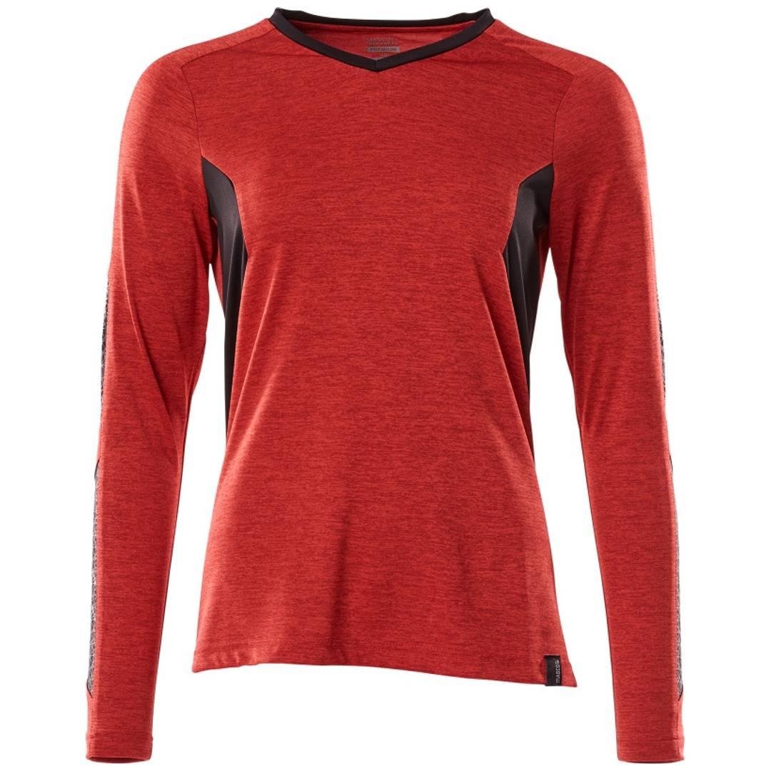 Rotes Langarm-Athletik-Shirt mit schwarzem V-Ausschnitt-Besatz und Seitenpaneelen, Vorderansicht auf weißem Hintergrund.