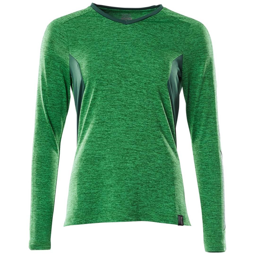Grünes, langärmeliges Athletik-Shirt mit meliertem Stoff und dunklen Seitenpaneelen, Vorderansicht auf weißem Hintergrund.