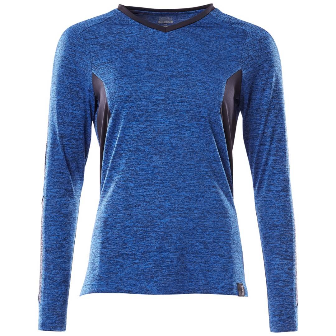 Blaues Langarm-Sportshirt mit V-Ausschnitt und dunklen Seitenpaneelen, frontal auf weißem Hintergrund gezeigt.