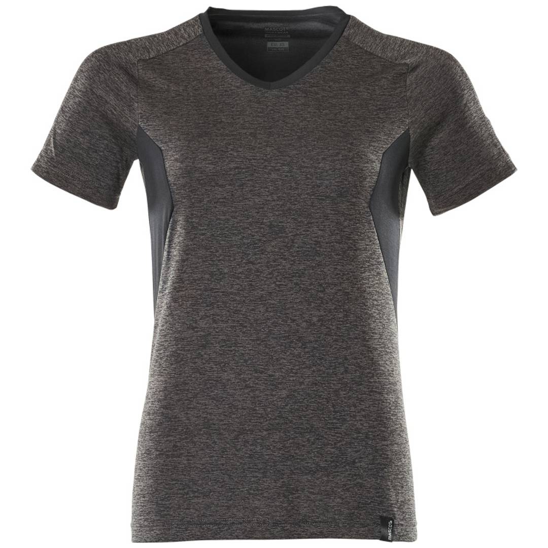 Graues ärmelloses Sportshirt mit V-Ausschnitt und dunkleren Seitenpaneelen, Vorderansicht auf weißem Hintergrund.