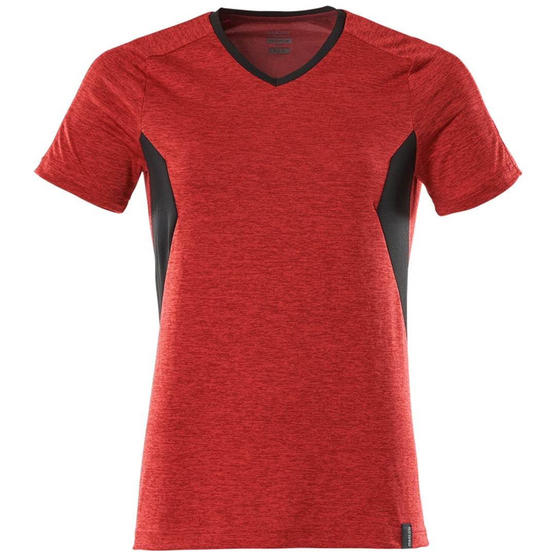 Rotes kurzärmeliges Athletic-T-Shirt mit schwarzen Seitenpaneelen und V-Ausschnitt, auf einfarbigem weißem Hintergrund abgebildet.