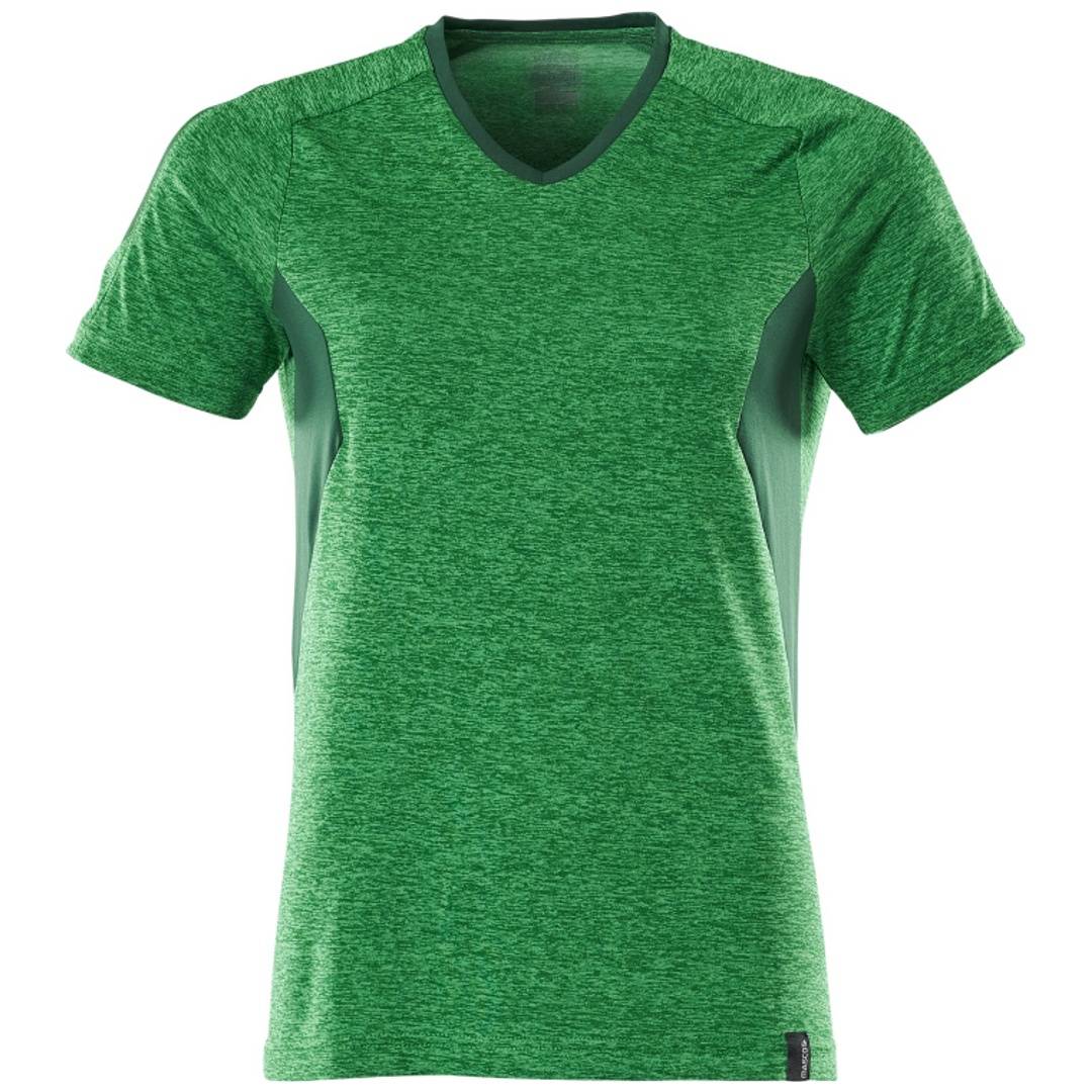 Grünes ärmelloses Funktions-T-Shirt mit meliertem Stoff und dunkleren Seitenpaneelen, Vorderansicht auf weißem Hintergrund dargestellt.