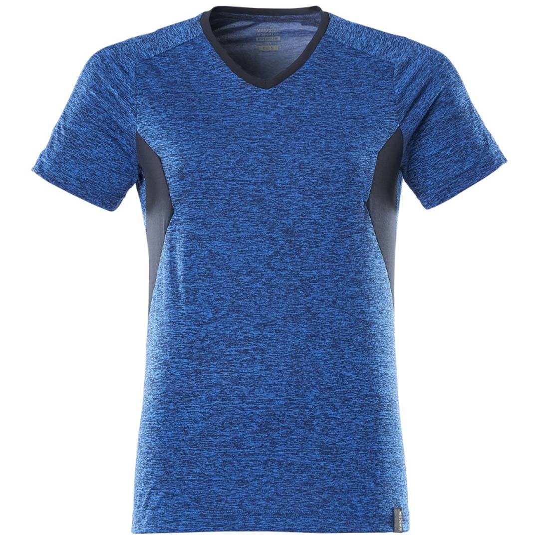 Blaues meliertes V-Ausschnitt-Athletik-T-Shirt mit Kurzarm und dunklen Seitenpanels.