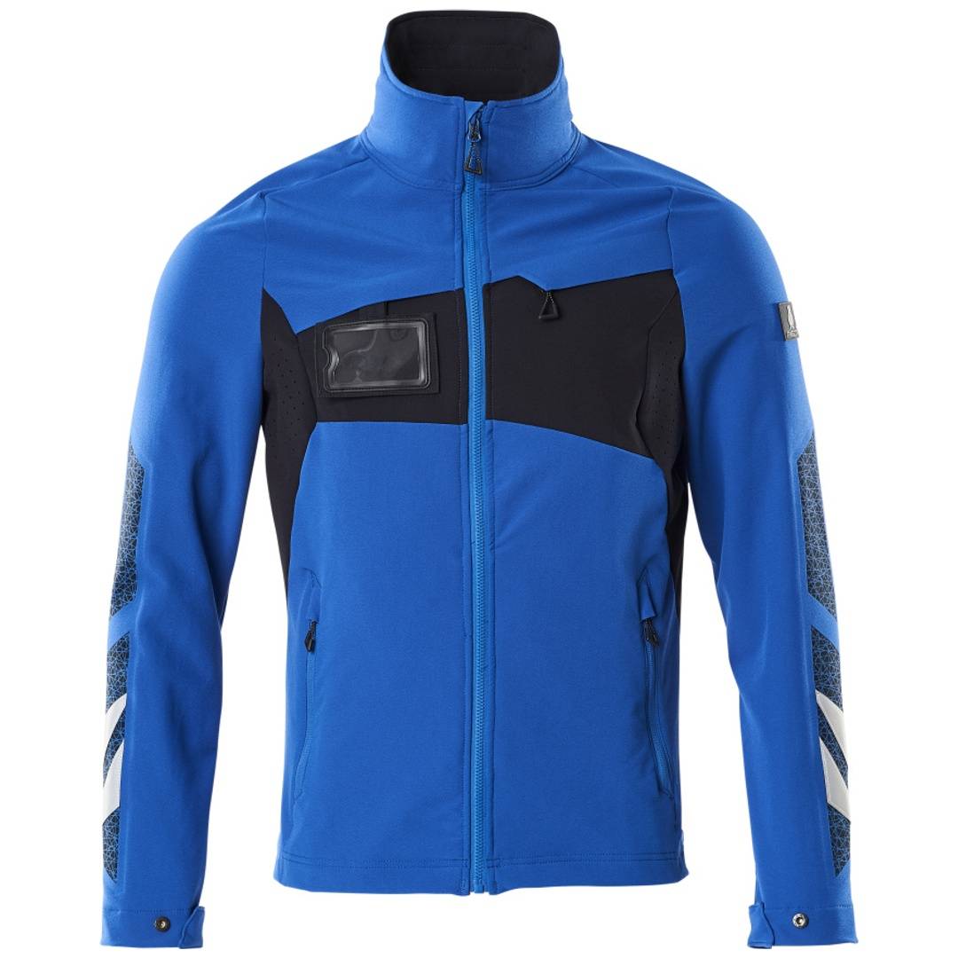 Blaue Jacke mit Reißverschluss und schwarzen Brustpaneelen, Brusttasche mit Reißverschluss, Seitentaschen und reflektierenden Ärmeleinsätzen.