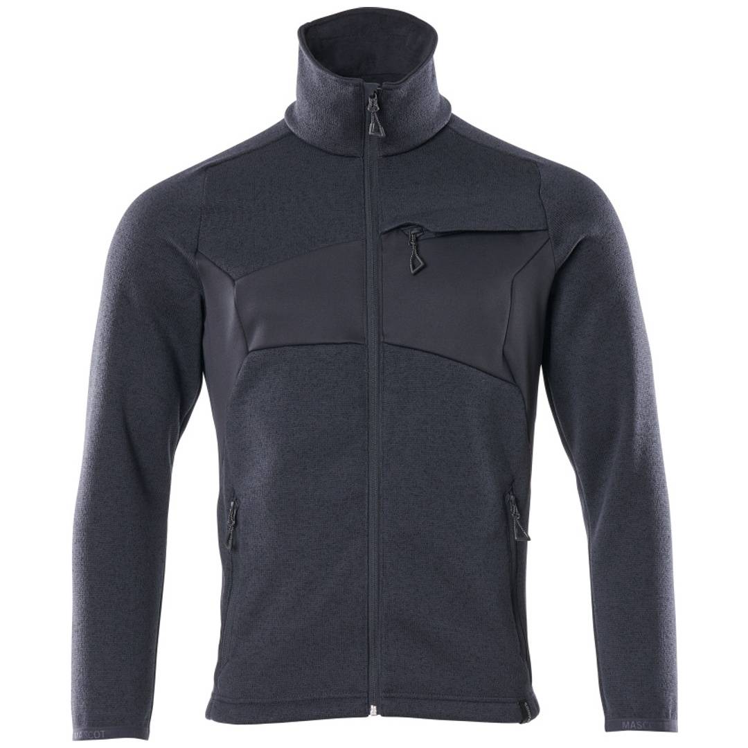 Dunkelgraue Fleece-Jacke mit Reißverschluss, hohem Kragen, langen Ärmeln und Brust- sowie Seitentaschen mit Reißverschluss auf weißem Hintergrund.