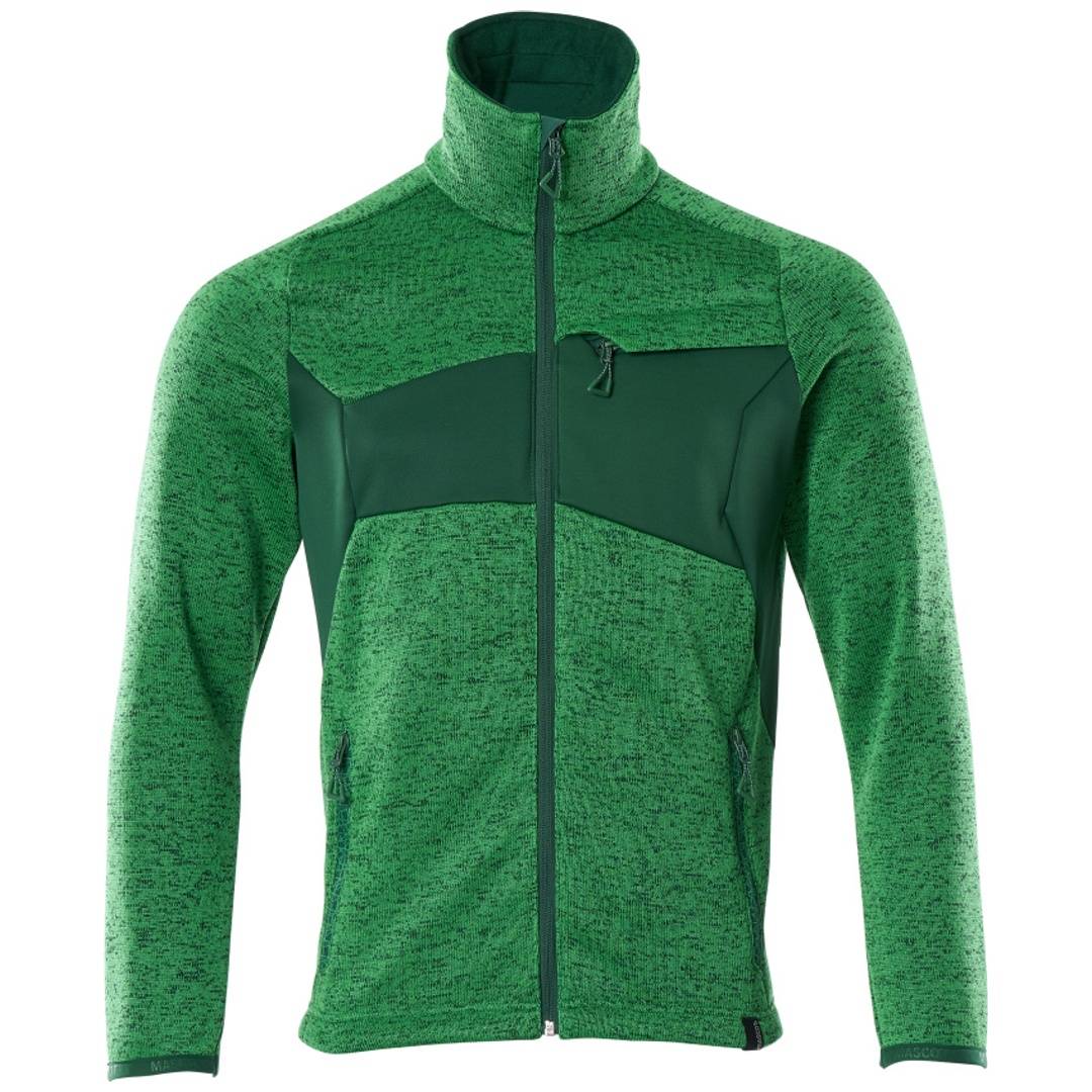 Grüne Fleecejacke mit durchgehendem Reißverschluss, hohem Kragen, schwarzen Brustpaneelen, langen Ärmeln und Reißverschluss vorne auf weißem Hintergrund.