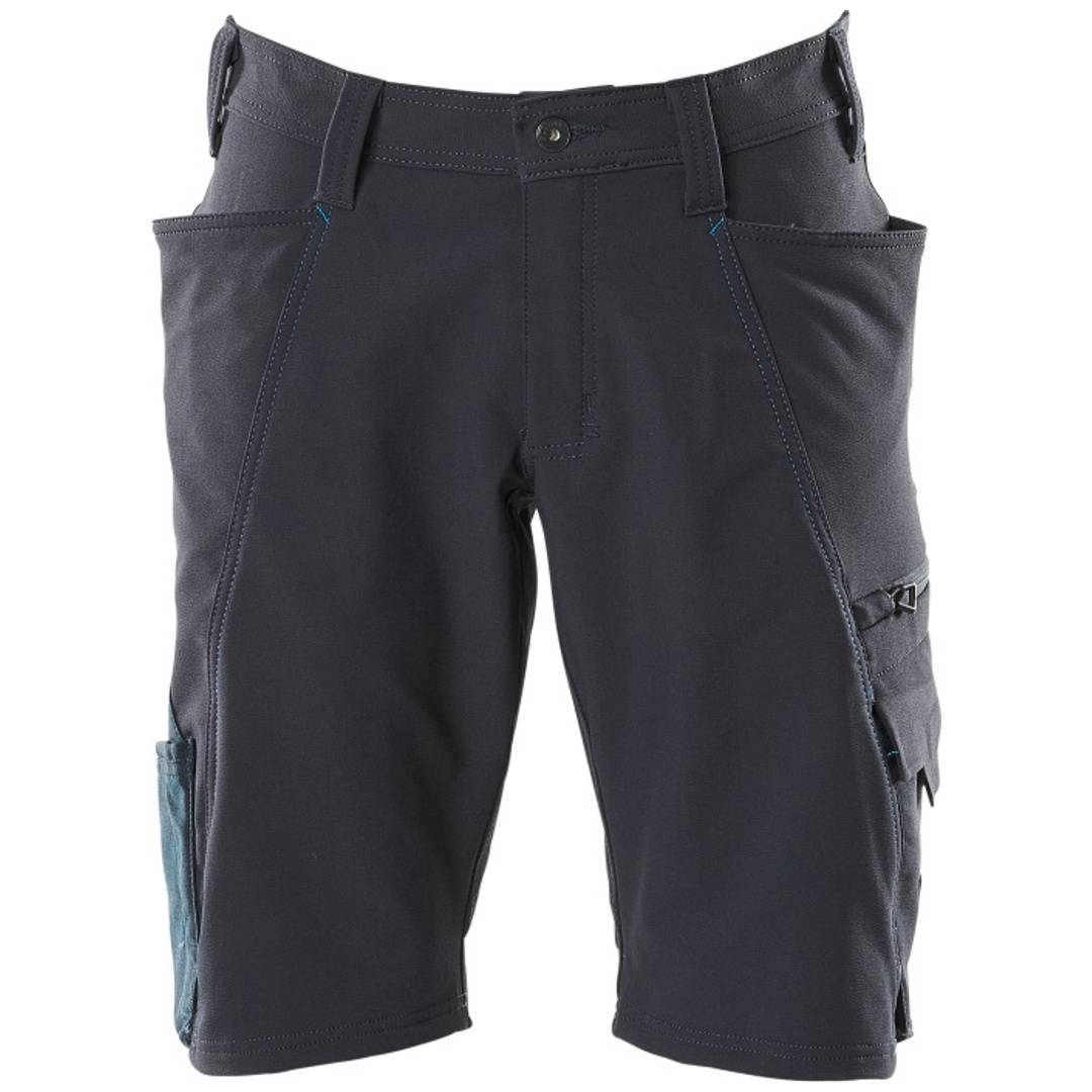 Dunkelgraue Cargo-Shorts mit Seitentaschen und blauem Besatz, Vorderansicht auf weißem Hintergrund.