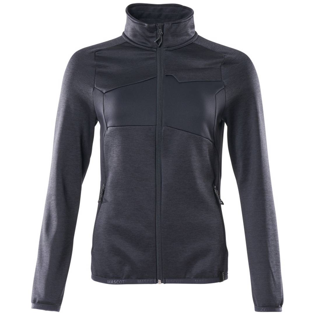 Dunkelgraue Damen-Jacke mit Reißverschluss, hohem Kragen, langen Ärmeln und taillierten Nähten auf einfachem weißem Hintergrund.