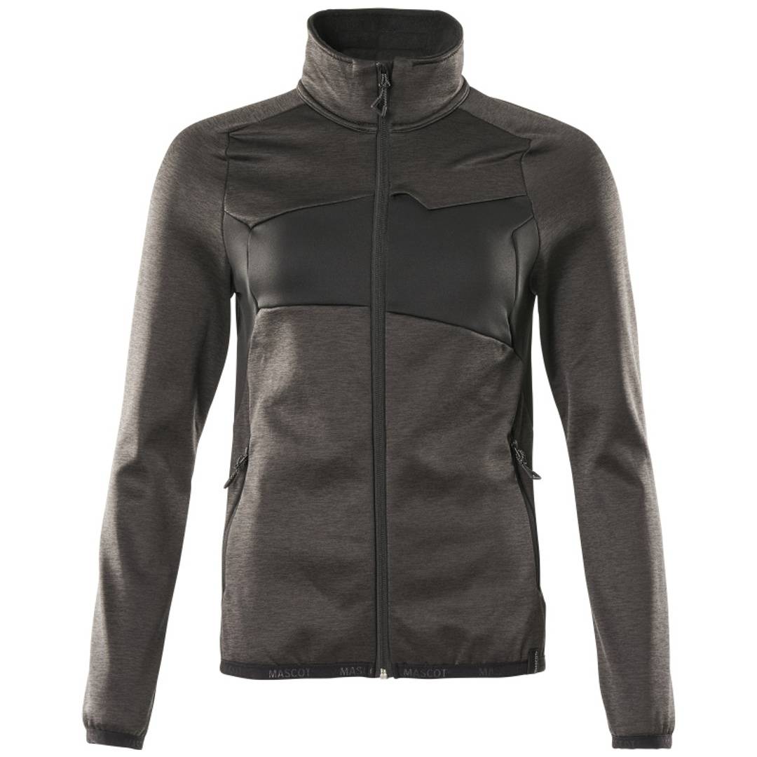 Graue Reißverschluss-Trainingsjacke mit hohem Kragen und langen Ärmeln, Vorderansicht auf weißem Hintergrund.