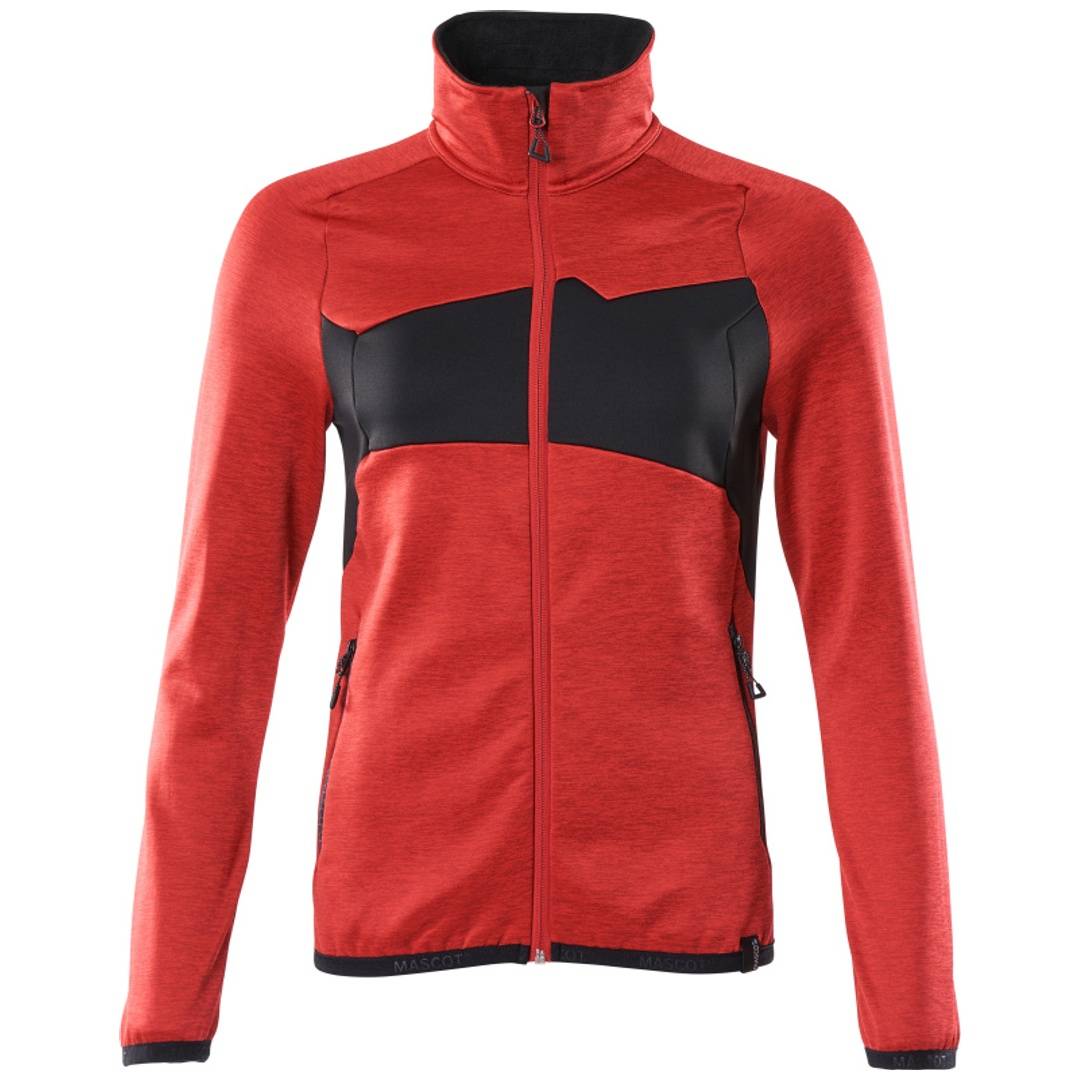 Rote Sportjacke mit Reißverschluss, schwarzem Brustpanel und hohem Kragen, Vorderansicht auf weißem Hintergrund.