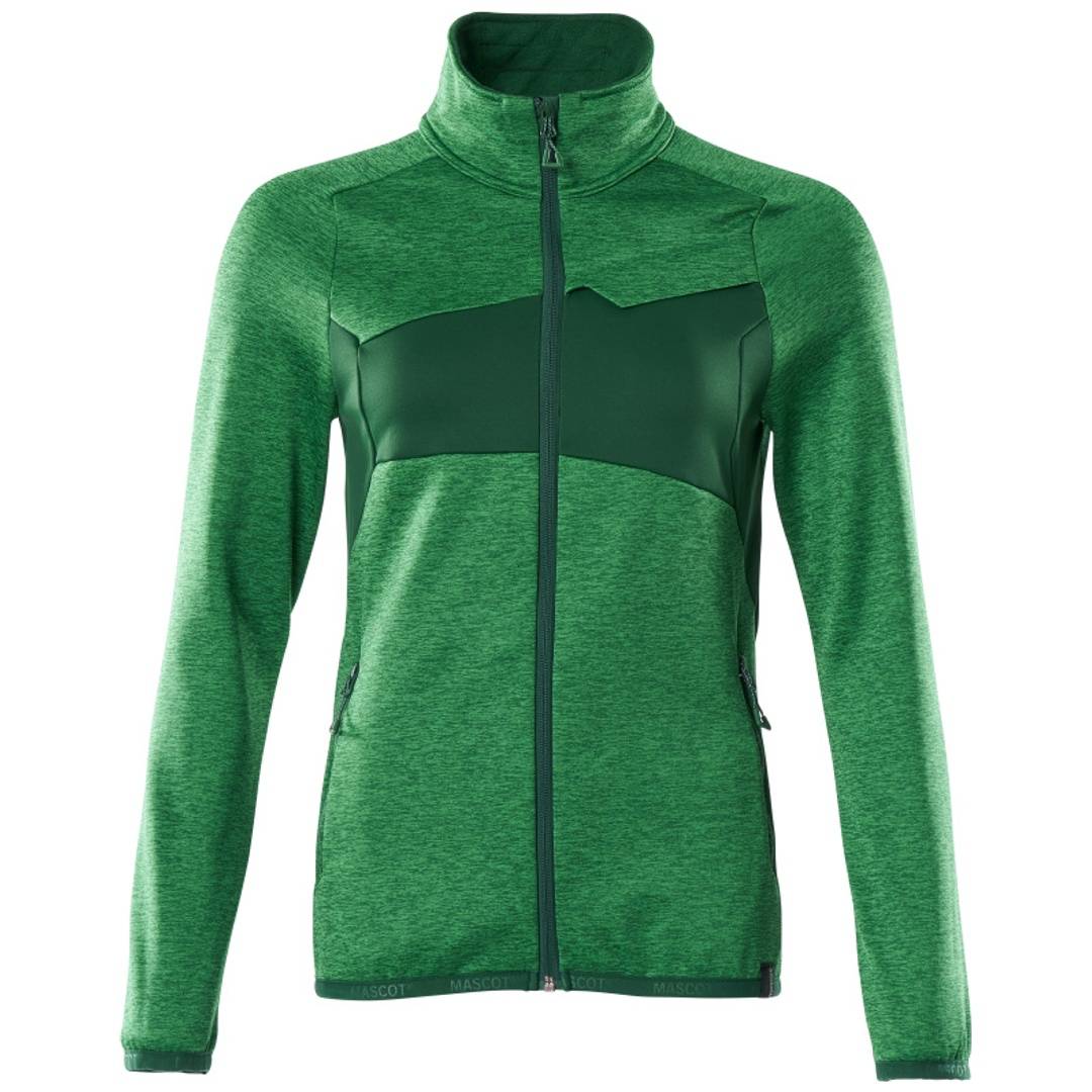 Grüne Sportjacke mit Vollreißverschluss, hohem Kragen und langen Ärmeln, Vorderansicht auf weißem Hintergrund.