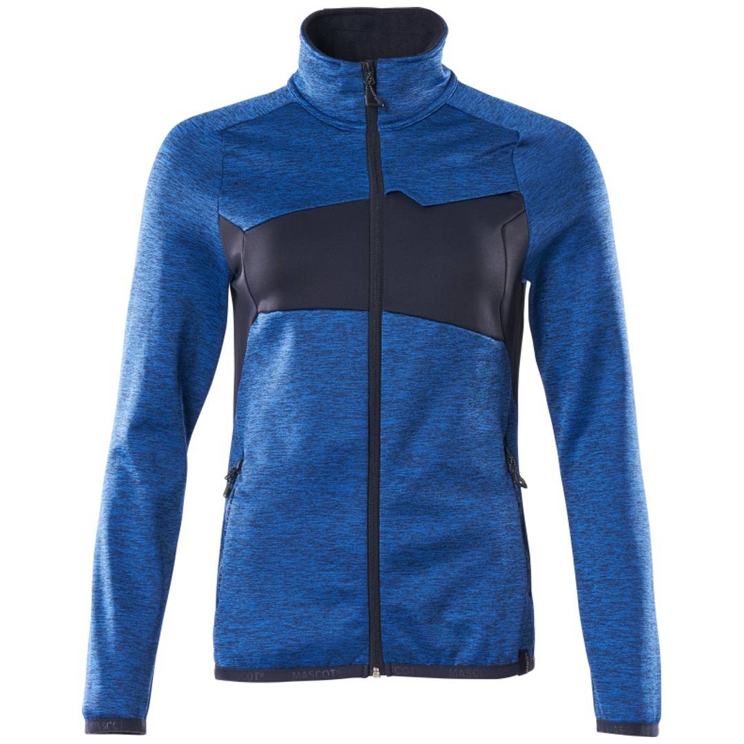 Blaue Trainingsjacke mit Reißverschluss, schwarzem Brustpaneel und hohem Kragen auf weißem Hintergrund