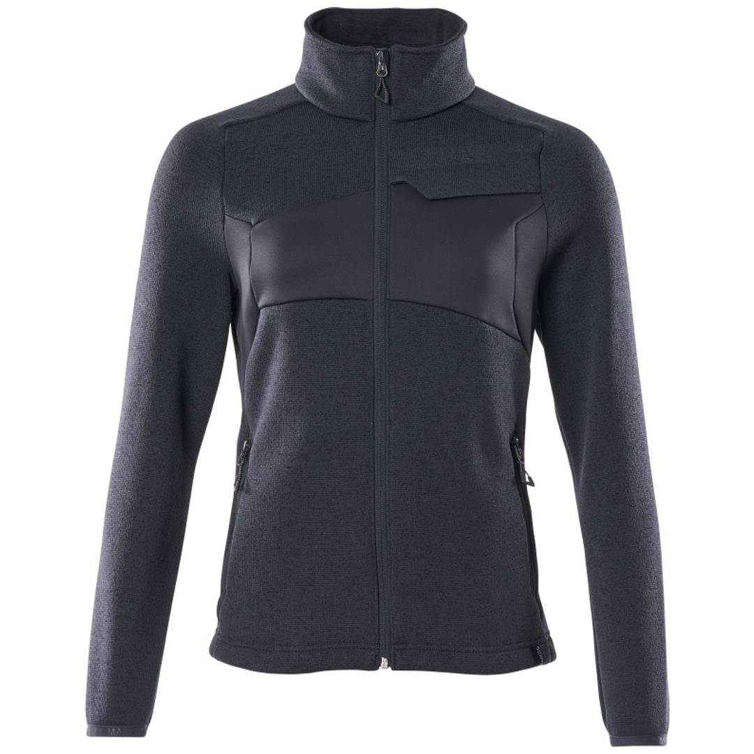 Dunkelgraue Fleecejacke mit durchgehendem Reißverschluss, hohem Kragen, langen Ärmeln und Brust- sowie Seitentaschen mit Reißverschluss auf weißem Hintergrund.