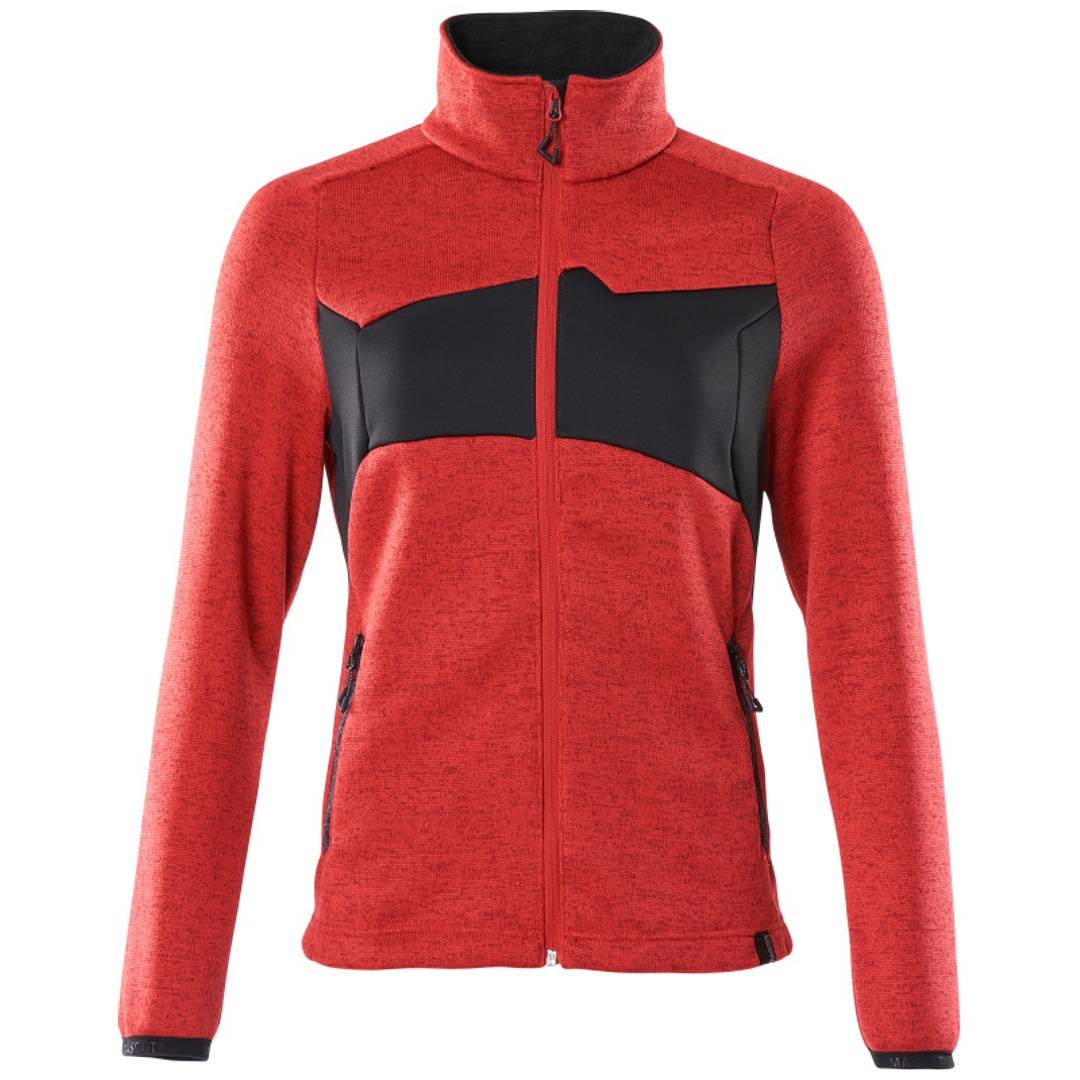 Rote Fleecejacke mit Reißverschluss und schwarzem Brustpanel sowie hohem Kragen, in Vorderansicht auf weißem Hintergrund abgebildet.