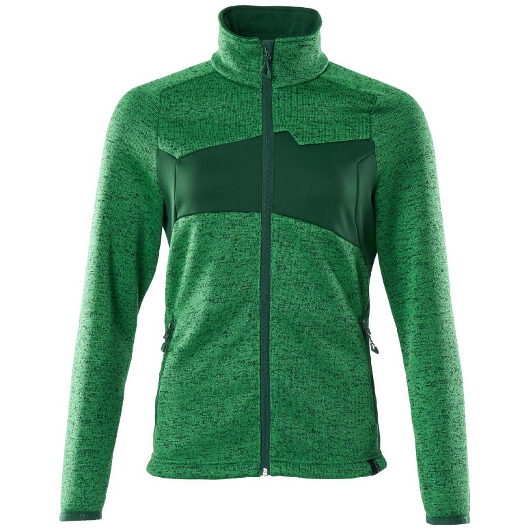 Grüne Reißverschluss-Fleecejacke mit hohem Kragen, dunklem Brustpaneel und langen Ärmeln auf einfachem Hintergrund