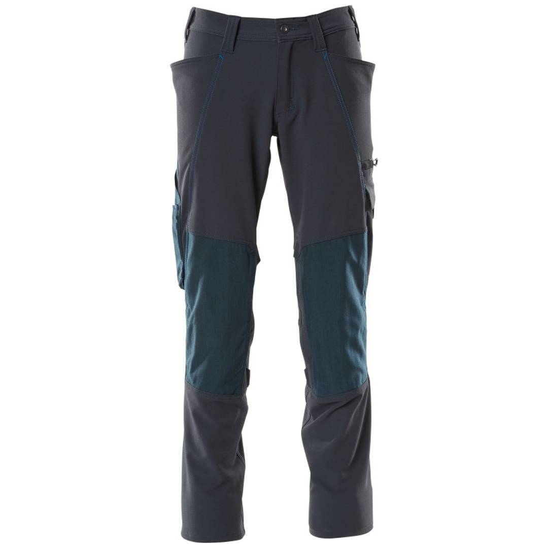 Dunkelgraue und blaugrüne Outdoor-Hose mit verstärkten Knien und mehreren Cargotaschen, von vorne auf weißem Hintergrund gezeigt.