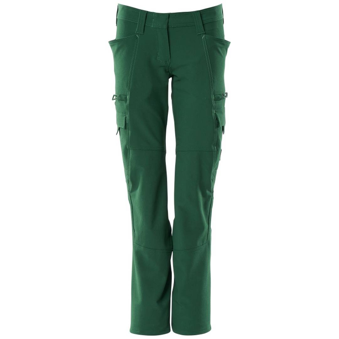 Grüne Cargohosen mit mehreren Taschen und verstellbaren Seitengurten, in Vorderansicht auf weißem Hintergrund gezeigt.