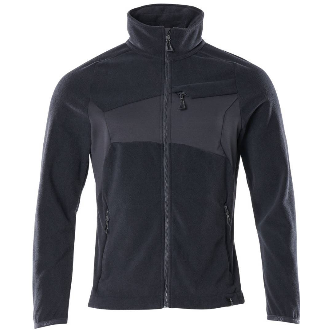 Dunkelblauer Fleece-Reißverschlussjacke mit Stehkragen, langen Ärmeln und Brust- sowie Seitentaschen auf einem weißen Hintergrund.