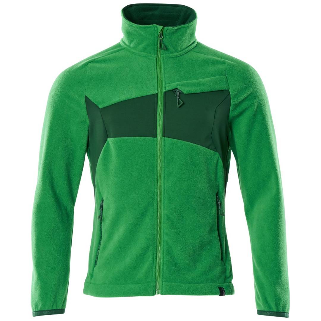 Grüne Fleecejacke mit durchgehendem Reißverschluss und hohem Kragen, dunkle Brust- und Schulterpaneele sowie Taschen mit Reißverschluss an den Seiten auf weißem Hintergrund.