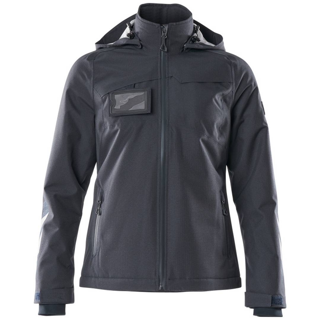 Dunkelgraue Kapuzenjacke mit Reißverschluss, langen Ärmeln, Vordertaschen und einem kleinen Brusttuch, gezeigt auf einem einfachen weißen Hintergrund.