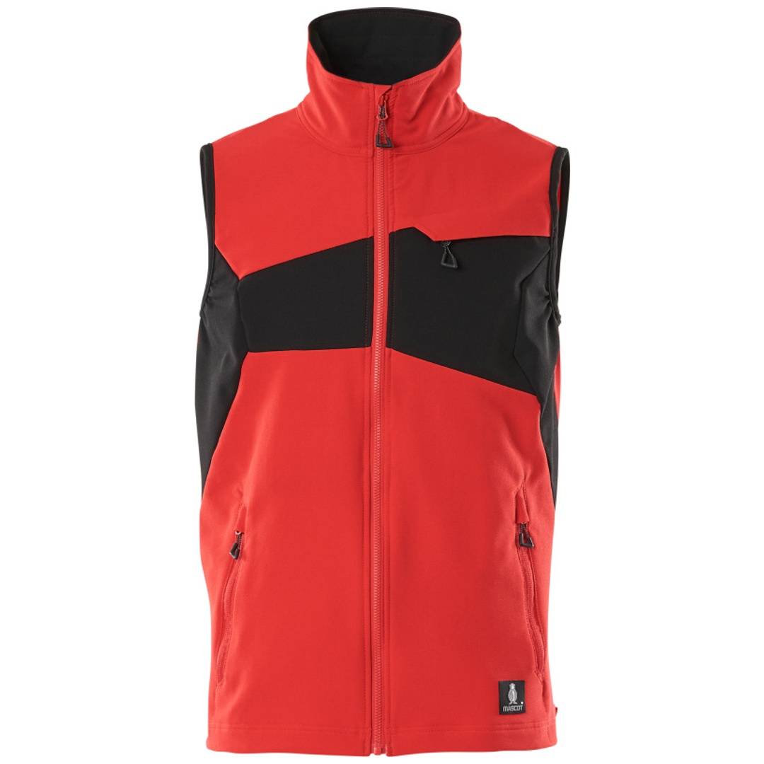 Rote und schwarze Steppweste mit Reißverschluss, ärmelloses Design mit hohem Kragen, Vordertaschen und kleinem Logo-Patch am Saum.