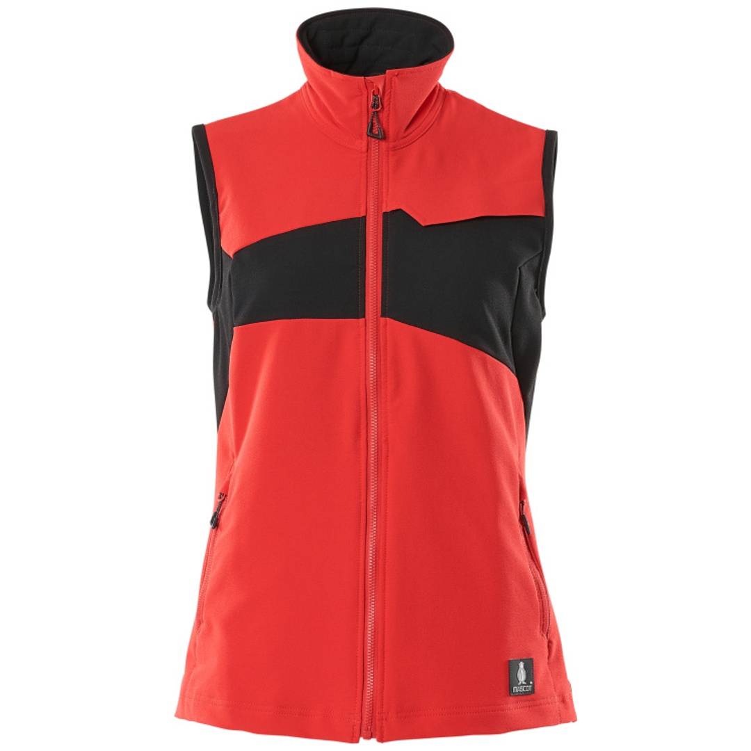 Ärmellose rote und schwarze Sportweste mit Reißverschluss vorne und hohem Kragen auf einfachem weißem Hintergrund.