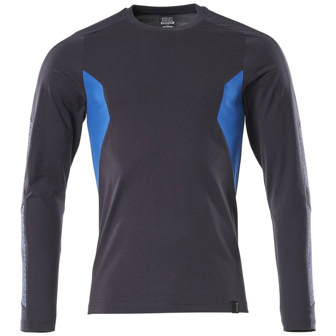 Vorderansicht eines schwarzen langärmligen Athletik-Shirts mit blauen Seitenpanelen und grauem gemustertem Ärmelbündchen auf weißem Hintergrund.