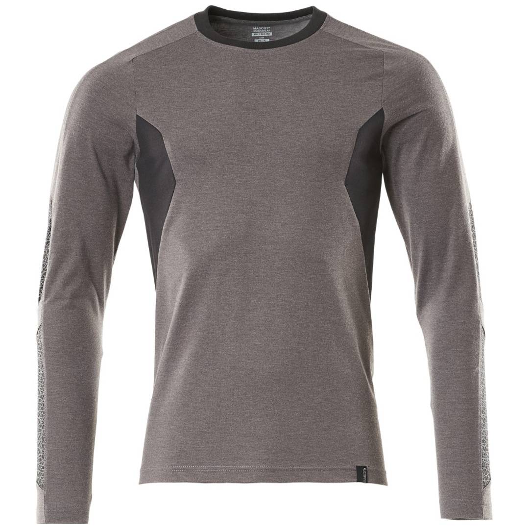 Graues Langarm-Sportshirt mit dunkleren Seitenpaneelen und Rundhalsausschnitt, Vorderansicht auf weißem Hintergrund.