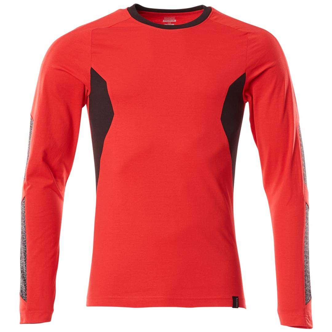 Rotes Langarm-Sportshirt mit schwarzen Seitenpaneelen und grauen Akzenten auf den Ärmeln, Vorderansicht auf weißem Hintergrund gezeigt.
