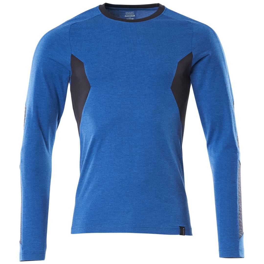 Blaues langärmliges Sportshirt mit schwarzen Seitenpaneelen auf weißem Hintergrund.
